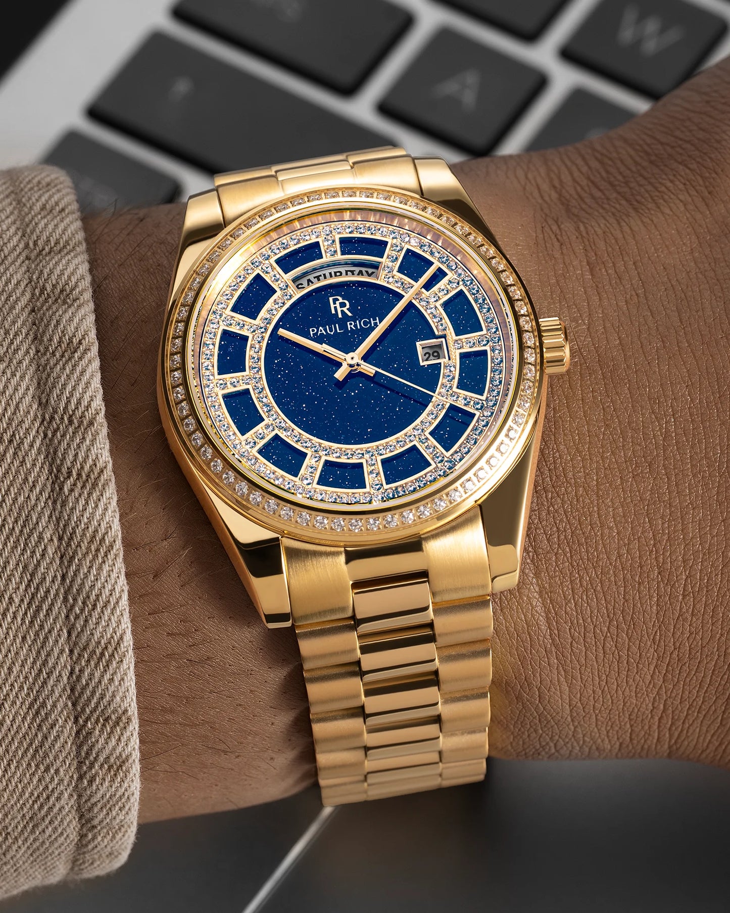 Paul Rich Crown Legacy Gold – Aventurine Blue | Pavé Bezel | Jubilee Bracelet | 40mm