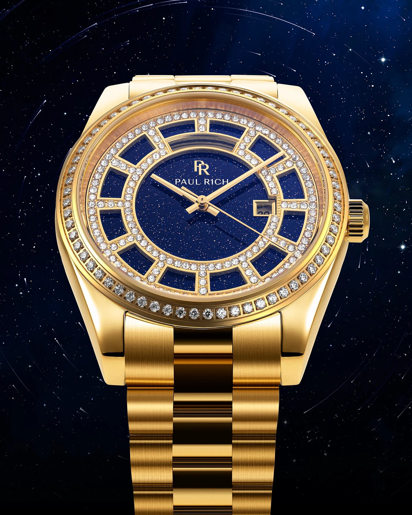 Paul Rich Crown Legacy Gold – Aventurine Blue | Pavé Bezel | Jubilee Bracelet | 40mm
